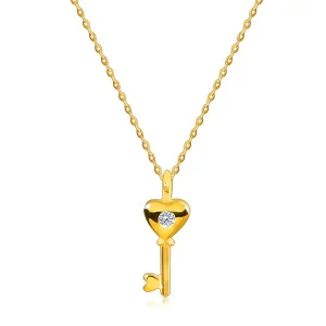 Naszyjnik z żółtego 9K złota - klucz w kształcie serca z bezbarwnym diamentem, drobny łańcuszek