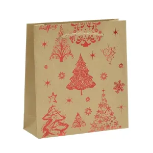 Prezentowa torebka z papieru - kolor brązowo-czerwony, motyw świąteczny, sznurek