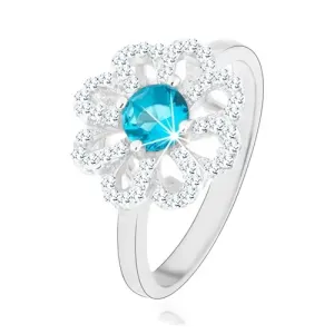 Błyszczący pierścionek, srebro 925, cyrkoniowy kwiat - przejrzyste płatki, jasnoniebieski środek - Rozmiar : 60