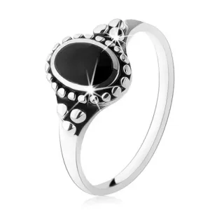 Patynowany pierścionek ze srebra 925, czarny owal, kuleczki, wysoki połysk  - Rozmiar : 51