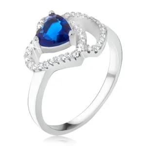 Pierścionek ze srebra 925, niebieski serduszkowy kamień, cyrkoniowe zarysy serc - Rozmiar : 59