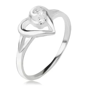 Serduszkowy pierścionek, zarys asymetrycznego serca, przezroczyste kamyczki, srebro 925 - Rozmiar : 55