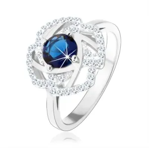 Srebrny 925 pierścionek, błyszczący zarys kwiatu, niebieska okrągła cyrkonia - Rozmiar : 61