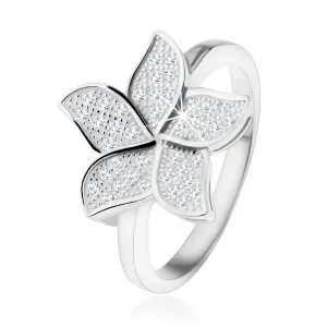 Srebrny pierścionek 925, błyszczący cyrkoniowy przezroczysty kwiat - Rozmiar : 53