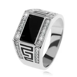 Srebrny pierścionek 925, czarny prostokąt, przezroczyste lśniące kamyczki, klucz grecki - Rozmiar : 61