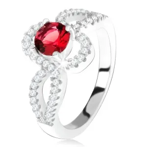 Srebrny pierścionek 925, czerwony okrągły kamień, skręcone cyrkoniowe ramiona - Rozmiar : 60