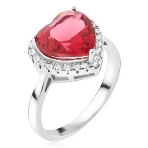 Srebrny pierścionek 925 - duży czerwony kamień serce, cyrkoniowa obwódka - Rozmiar : 51