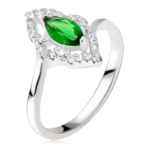 Srebrny pierścionek 925 - kamyczek w kształcie elipsy w zielonym kolorze, cyrkoniowe kontury - Rozmiar : 49
