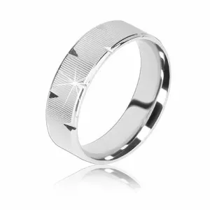 Srebrny pierścionek 925 - karbowana powierzchnia, błyszczące trójkątne nacięcia, 6 mm - Rozmiar : 52