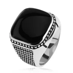 Srebrny pierścionek 925, małe romby, kuleczki, czarny wypukły kwadrat - Rozmiar : 66