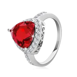 Srebrny pierścionek 925, masywna czerwona cyrkonia - trójkąt, małe cyrkonie, wycięcia - Rozmiar : 48
