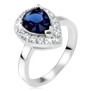 Srebrny pierścionek 925, niebieski kamień łezka z cyrkoniową obwódką - Rozmiar : 51