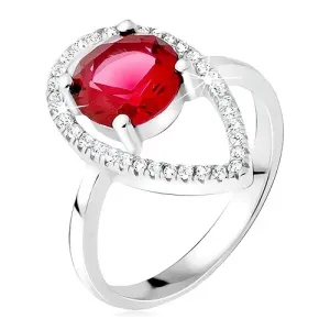 Srebrny pierścionek 925 - okrągły czerwony kamień, kontury łezki z cyrkonii - Rozmiar : 50