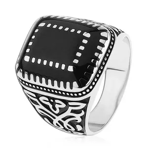 Srebrny pierścionek 925, ornamenty na ramionach, prostokąty z czarną emalią - Rozmiar : 64