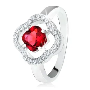 Srebrny pierścionek 925, oszlifowany czerwony kamień, przeźroczyste cyrkonie, kwiat - Rozmiar : 50
