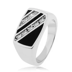 Srebrny pierścionek 925, prostokąt - ukośne pasy z przezroczystych cyrkonii, czarna emalia - Rozmiar : 53