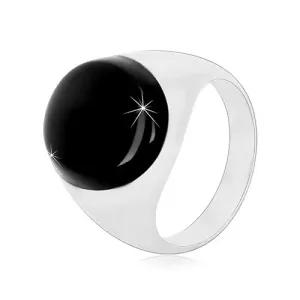 Srebrny pierścionek 925 z czarną owalną emalią i błyszczącymi ramionami - Rozmiar : 53