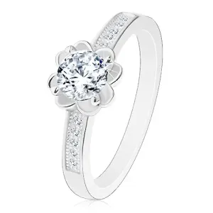 Srebrny zaręczynowy pierścionek 925, przezroczysty błyszczący kwiatek, ozdobione ramiona - Rozmiar : 65