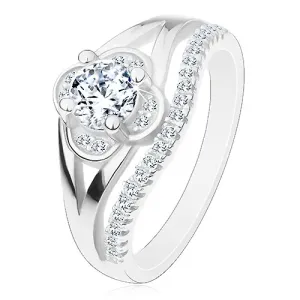 Zaręczynowy pierścionek, srebro 925, bezbarwny cyrkoniowy kwiatek i linia drobnych cyrkonii - Rozmiar : 49