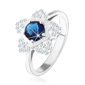 Zaręczynowy pierścionek, srebro 925, błyszczący kwiatek, okrągła niebieska cyrkonia - Rozmiar : 52