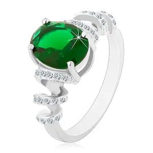 Zaręczynowy rodowany pierścionek, srebro 925, owalna zielona cyrkonia, błyszczące spirale - Rozmiar : 52