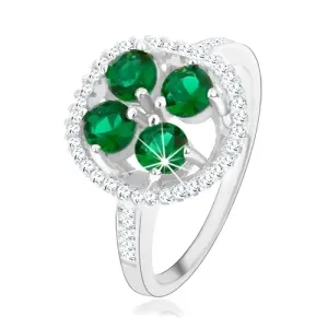 Zaręczynowy srebrny pierścionek 925, okrągły błyszczący kwiat, zielone cyrkonie - Rozmiar : 49