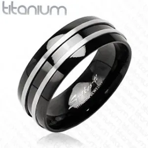 Czarny pierścionek z tytanu - dwa cienkie srebrne pasy - Rozmiar : 49