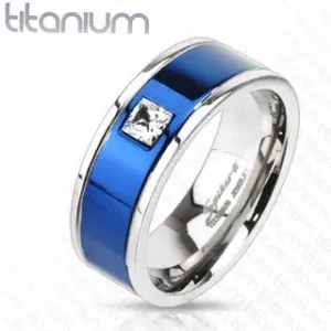 Tytanowy pierścionek z niebieskim pasem i kwadratową cyrkonią - Rozmiar : 60
