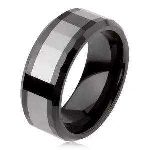 Błyszczący wolframowy pierścionek, dwukolorowy, geometryczna szlifowana powierzchnia - Rozmiar : 49