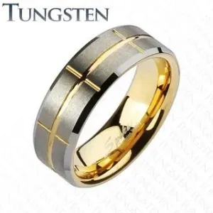 Dwukolorowa obrączka Tungsten, złoty i srebrny odcień, nacięcia, 8 mm - Rozmiar : 64