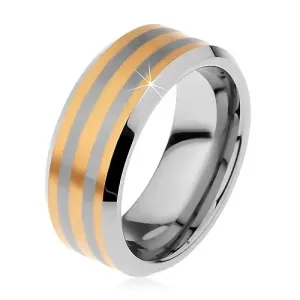 Dwukolorowy pierścionek tungsten z trzema paseczkami złotego koloru, lśniąco-matowy, 8 mm - Rozmiar : 59