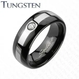 Tungsten czarny pierścionek - srebrny pas, cyrkonia - Rozmiar : 67