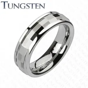 Tungsten obrączka - dekoracyjny środkowy pas z prostokątami  - Rozmiar : 49, Szerokość: 6 mm