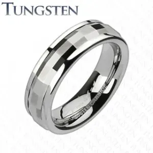 Tungsten obrączka - dekoracyjny środkowy pas z prostokątami  - Rozmiar : 59, Szerokość: 6 mm