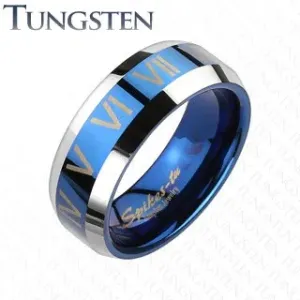 Tungsten pierścionek - niebiesko-srebrna obrączka, cyfry rzymskie - Rozmiar : 52