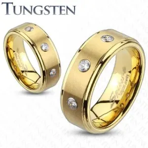 Tungsten pierścionek ze szlifowanym pasem i trzema cyrkoniami - Rozmiar : 49, Szerokość: 6 mm