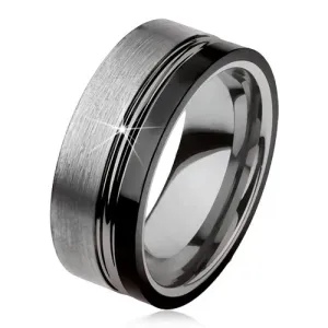 Wolframowy pierścionek, dwa nacięcia, srebrny i czarny kolor, lśniąco-matowa powierzchnia - Rozmiar : 64