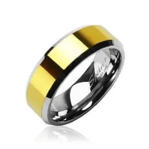 Wolframowy pierścionek o ściętych krawędziach ze środkowym pasem złotego koloru - Rozmiar : 52