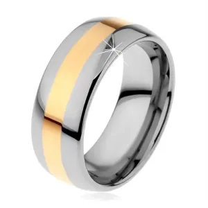 Wolframowy pierścionek w dwukolorowej wersji - pas złotego koloru, 8 mm - Rozmiar : 57
