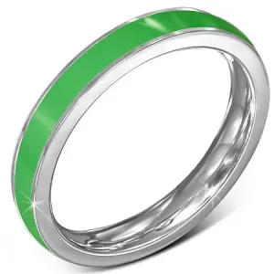 Cieńki stalowy pierścionek - obrączka, zielony prążek, srebrne brzegi - Rozmiar : 52