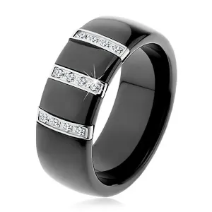 Czarny ceramiczny pierścionek o gładkiej powierzchni, trzy stalowe pasy z cyrkoniami - Rozmiar : 51