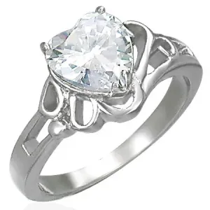 Damski lśniący stalowy pierścionek, duże bezbarwne cyrkoniowe serce - Rozmiar : 59