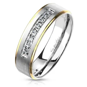 Dwukolorowy pierścień ze stali, srebrny i złoty odcień, przezroczyste cyrkonie, 6 mm - Rozmiar : 54