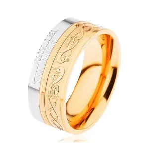 Lśniący pierścionek ze stali 316L, złoty i srebrny kolor, spirala, wąż, nacięcia - Rozmiar : 57