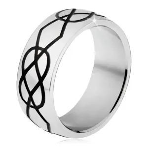 Lśniący stalowy pierścionek, grube czarne nacięcia w kształcie rombów i łezek - Rozmiar : 64