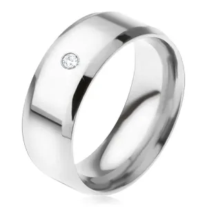 Lśniący stalowy pierścionek, ścięte krawędzie, przezroczysty okrągły kamyczek - Rozmiar : 59