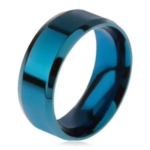 Lśniący stalowy pierścionek w niebieskim kolorze, ścięte krawędzie - Rozmiar : 57