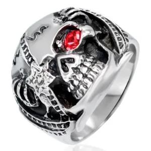 Masywny pierścień ze stali - czaszka wojownika z czerwoną cyrkonią, patyna - Rozmiar : 62