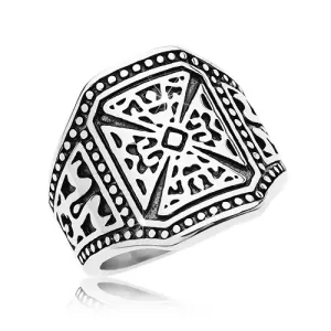 Masywny pierścionek srebrnego koloru, stal 316L, krzyż maltański, zdobione ramiona - Rozmiar : 68