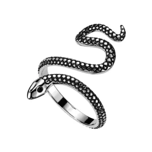 Otwarty pierścionek ze stali nierdzewnej - motyw węża, kolor srebrny z patyną - Rozmiar : 61